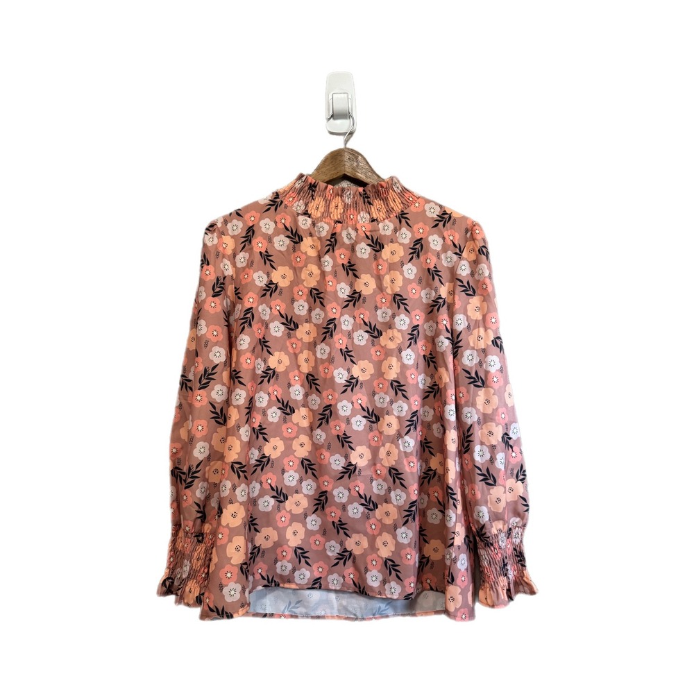 Mod Boutique Floral Blouse Womens Small Pink Peach Smocked Mock Neck Excellent